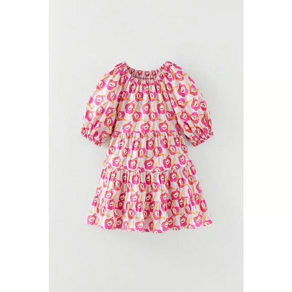 Girls' ZARA Pink Floral Cotton Poplin Puff Sleeve Tiered Dress, Size 13-14 - Picture 9 of 10